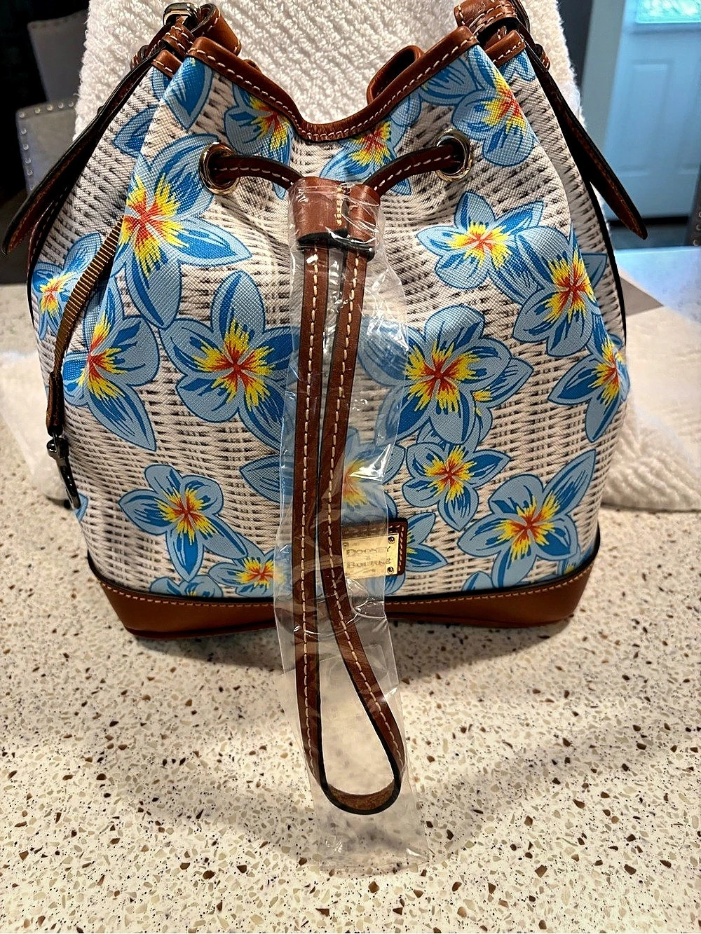 Dooney & Bourke Florentine Drawstring Bucket Bag Floral in Blue & White NWT